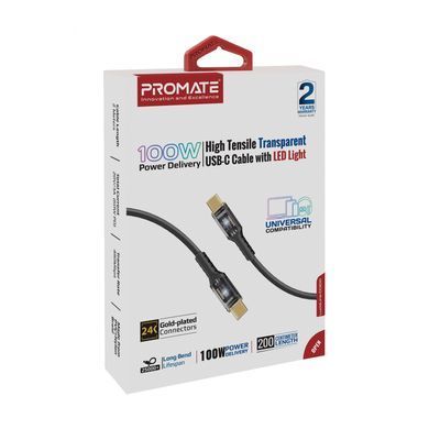 Кабель Promate Lucidline-CC200 USB Type-C - USB Type-C (M/M), 5 A, 100 W, 2 м, Black (lucidline-cc200.black) [604304]