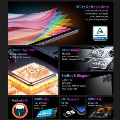 Планшет Teclast T50Plus 11&rdquo; FHD / 6GB / 256GB / T620 / 8000mAh / LTE / 13+5Mp / Metal / Gray (6940709686300) [400750]