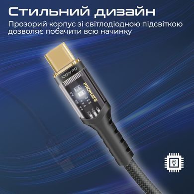 Кабель Promate Lucidline-CC200 USB Type-C - USB Type-C (M/M), 5 A, 100 W, 2 м, Black (lucidline-cc200.black) [604304]
