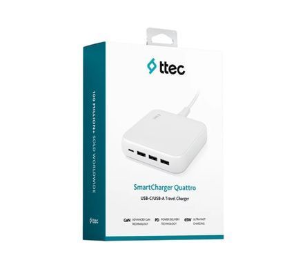 Мережевий зарядний пристрій Ttec SmartCharger Quattro GaN USB-C/USB-A 65W White (2SCG02B) [603214]
