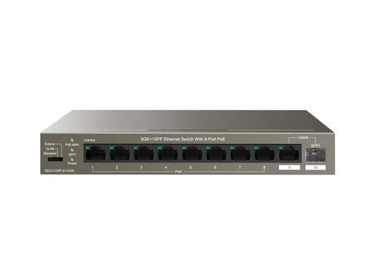 Комутатор TENDA 8xGE PoE, 1xGE, 1xSFP, Некерований (TEG1110PF-8-102W) [15215]