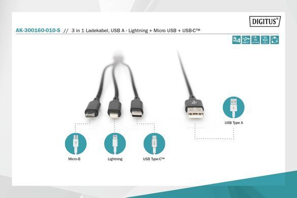 Кабель DIGITUS USB-A > Lightning/USB-С/micro USB, мультизарядний 3-в-1, заряджання/синхронізація 1м, чорний (AK-300160-010-S) [108533]