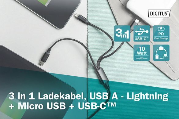 Кабель DIGITUS USB-A > Lightning/USB-С/micro USB, мультизарядний 3-в-1, заряджання/синхронізація 1м, чорний (AK-300160-010-S) [108533]
