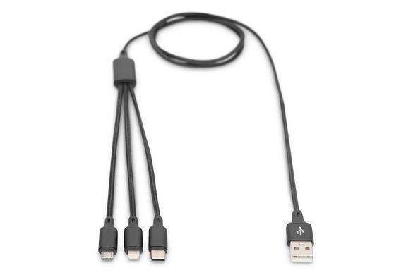 Кабель DIGITUS USB-A > Lightning/USB-С/micro USB, мультизарядний 3-в-1, заряджання/синхронізація 1м, чорний (AK-300160-010-S) [108533]