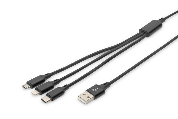 Кабель DIGITUS USB-A > Lightning/USB-С/micro USB, мультизарядний 3-в-1, заряджання/синхронізація 1м, чорний (AK-300160-010-S) [108533]