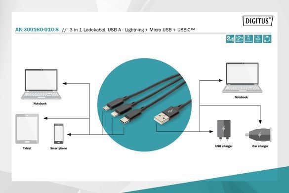 Кабель DIGITUS USB-A > Lightning/USB-С/micro USB, мультизарядний 3-в-1, заряджання/синхронізація 1м, чорний (AK-300160-010-S) [108533]