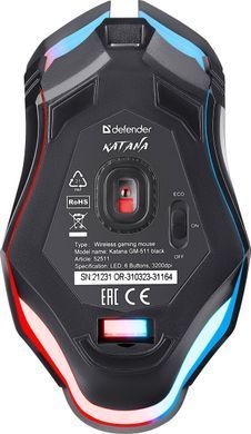 Мишка Defender Katana GM-511, бездротова, ігрова, 6кн., 3200 dpi., 400 mAh, чорна (52511) [401335]