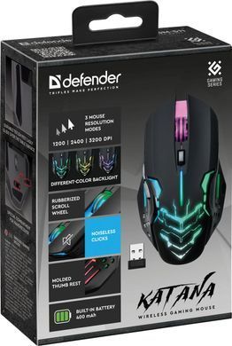 Мишка Defender Katana GM-511, бездротова, ігрова, 6кн., 3200 dpi., 400 mAh, чорна (52511) [401335]
