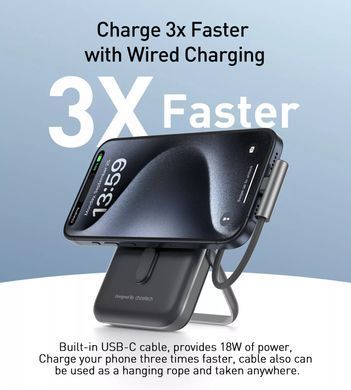 УМБ Choetech Magnetic Wireless 10000mAh 20W PD USB-C In/Out,Qi-15W,build-in cabel Black (B735-CCBK) [402245]