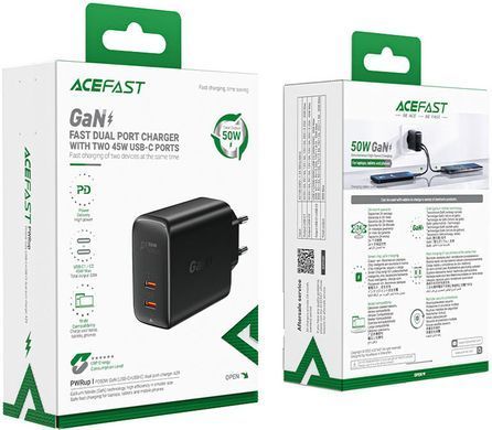 Зарядний пристрій 2xUSB 50W (USB-C+USB-C) Gan A29 Fast Charger Black Acefast (6974316281443) [402151]