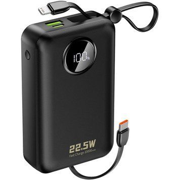 УМБ Dudao 20000mAh K14+ 22,5W PD,QC USB-A,USB-C In/Out,with built-in USB-C/Lightning cables Black (6977196680016) [405054]