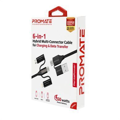 Кабель Promate PentaPower USB + USB Type-C - Lightning + micro USB + USB Type-C (M/M), 3 A, 60 W, 1.2 м, Black (pentapower.black) [604312]