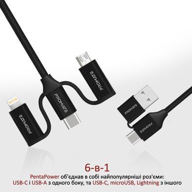 Кабель Promate PentaPower USB + USB Type-C - Lightning + micro USB + USB Type-C (M/M), 3 A, 60 W, 1.2 м, Black (pentapower.black) [604312]