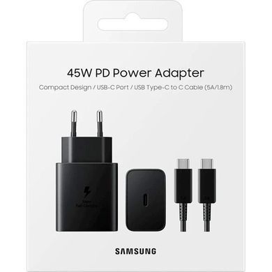 Зарядний пристрій мережевий Samsung 45Вт USB-С PD PPS, кабель USB-C > USB-C, 1.8м, чорний (EP-T4511XBEGEU) [109436]