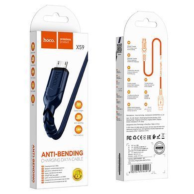 Кабель HOCO X59 USB to Micro 2.4A, 1m, nylon, TPE connectors, Blue (6931474744913) [804384]