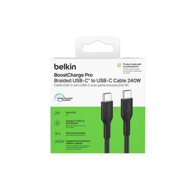 Кабель USB-C > USB-C заряджання/синхронізації Belkin 2м, 240Вт, Type-C, плетений, чорний (CAB025HQ2MBK) [108879]