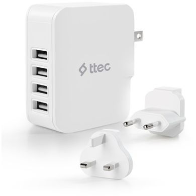 Мережевий зарядний пристрій Ttec Quattro Traveler 4хUSB 5.1A/25Вт White (2SC02BUK) [603165]