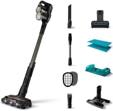 Пилосос Philips безпровідний Aqua Plus, вологе прибирання, конт пил -0,6л, автон. робота до 80хв, НЕРА, турбощітка, LED підсвітка, насадка 360, чорний (XC8349/01) [12330]