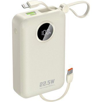 УМБ Dudao 20000mAh K14+ 22,5W PD,QC USB-A,USB-C In/Out,with built-in USB-C/Lightning cables White (6977196680023) [405055]