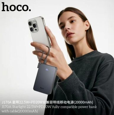 Зовнішній акумулятор HOCO J170A Starlight 22.5W+PD20W fully compatible power bank with cable(20000mAh) Metal Gray (6942007672702) [806665]