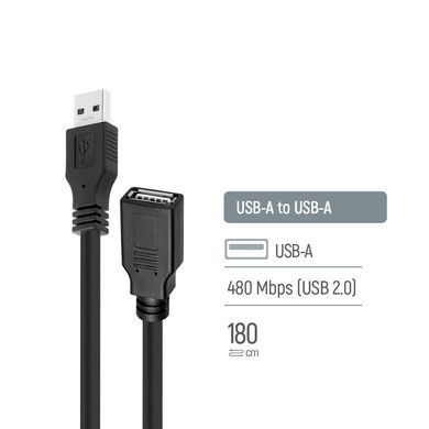 Кабель ColorWay USB - USB V 2.0 (M/F), 1.8 м, Black (CW-CBUF076-BK) [613619]