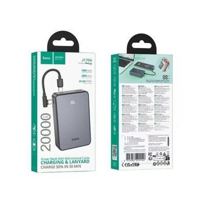 Зовнішній акумулятор HOCO J170A Starlight 22.5W+PD20W fully compatible power bank with cable(20000mAh) Metal Gray (6942007672702) [806665]