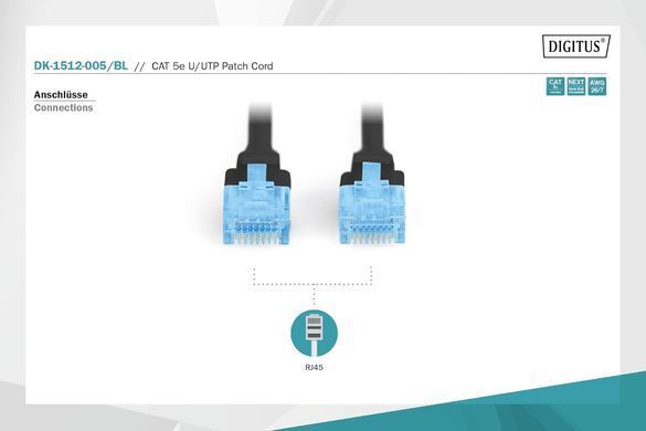 Патч-корд DIGITUS CAT 5e UTP, 0.5м, AWG 26/7, CCA, PVC, чорний (DK-1512-005/BL) [109965]