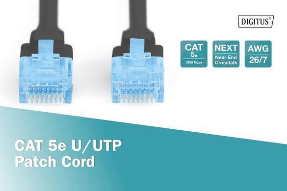 Патч-корд DIGITUS CAT 5e UTP, 0.5м, AWG 26/7, CCA, PVC, чорний (DK-1512-005/BL) [109965]