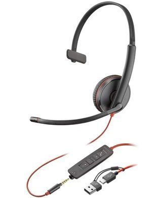 Гарнітура комп'ютерна моно On-ear Poly Blackwire 3215, USB-A, USB-C, 3.5 мм, всеспрямований, чорний (8X227AA) [107399]