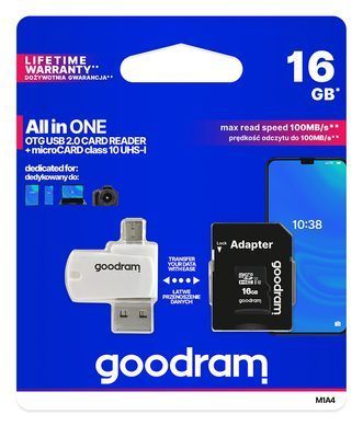 Карта пам`ятi MicroSDHC 16GB UHS-I Class 10 Goodram + SD-adapter + OTG Card reader (M1A4-0160R12) [606940]