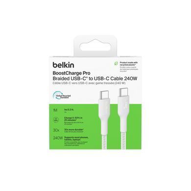 Кабель USB-C > USB-C заряджання/синхронізації Belkin 1м, 240Вт, Type-C, плетений, білий (CAB025HQ1MWH) [108882]