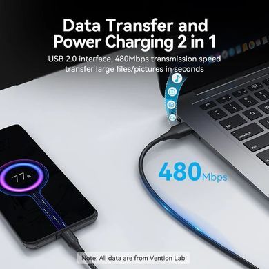 Кабель USB 2.0 AM-Type-C M, 3.0 м, 60W PVC чорний Vention (CTHBI) [404569]