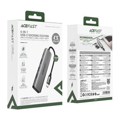 USB-хаб ACEFAST J18 USB-C 6-in-1 HUB docking station Metal Gray (6974316285939) [806543]