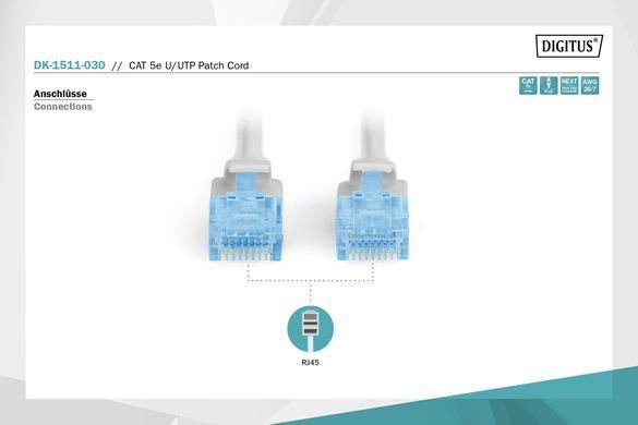 Патч-корд DIGITUS САТ 5e UTP, 3м, AWG 26/7, Cu, PVC, сірий (DK-1511-030) [109957]