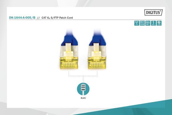 Патч-корд DIGITUS CAT 6a S-FTP, 2м, AWG 26/7, Cu, LSZH, синій (DK-1644-A-020/B) [109783]