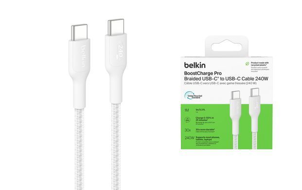 Кабель USB-C > USB-C заряджання/синхронізації Belkin 1м, 240Вт, Type-C, плетений, білий (CAB025HQ1MWH) [108882]
